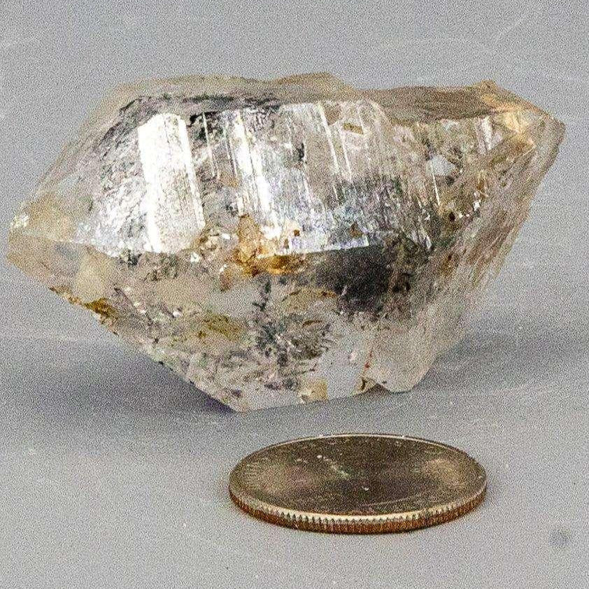 Skeletal Elestial Quartz Point Black Tourmaline: Clear, multi-layered crystal with dark tourmaline, next to a coin.