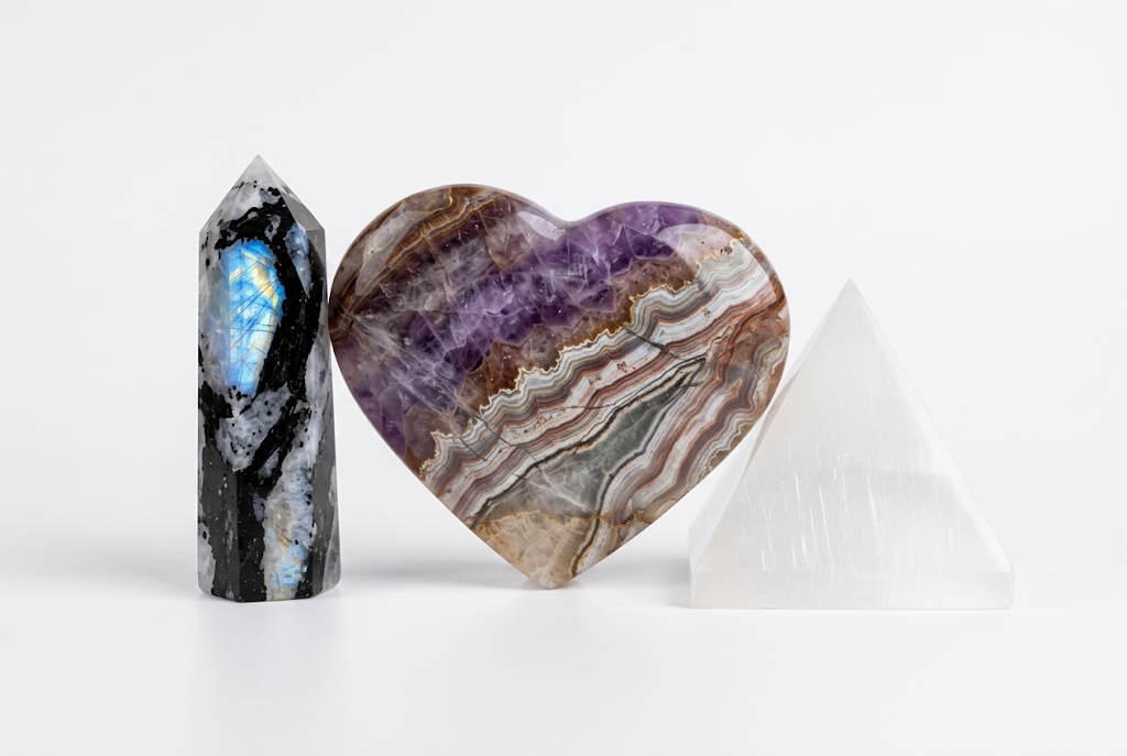 Sleep and Relaxation Crystal Bundle: Rainbow Moonstone tower, Amethyst Agate heart and Selenite pyramid