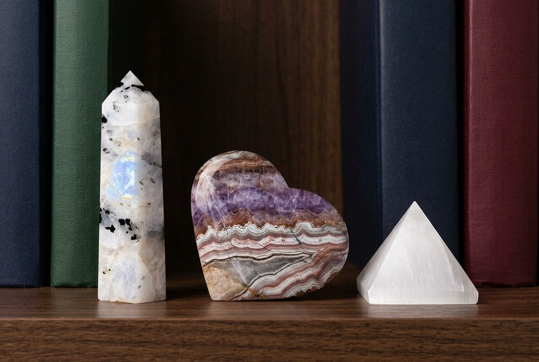 Sleep & Relaxation crystal set: Rainbow Moonstone, Amethyst Agate and Selenite on a bookshelf