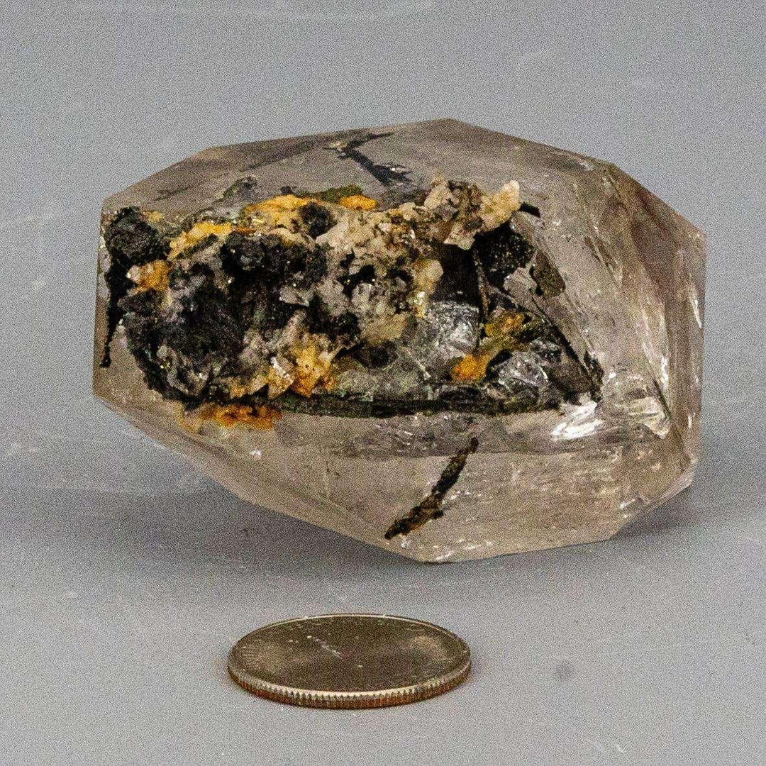 Rare Smoky Herkimer Quartz Point: double-terminated crystal with dark inclusions, grounding energy, 3 inches long.