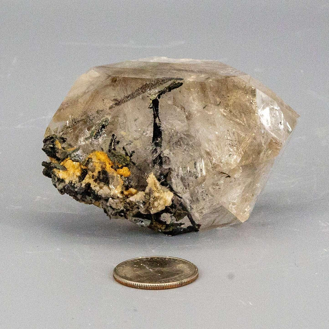 Rare Smoky Herkimer Quartz Point: double-terminated crystal with smoky hue, Calcite, Pyrite, Black Tourmaline inclusions.