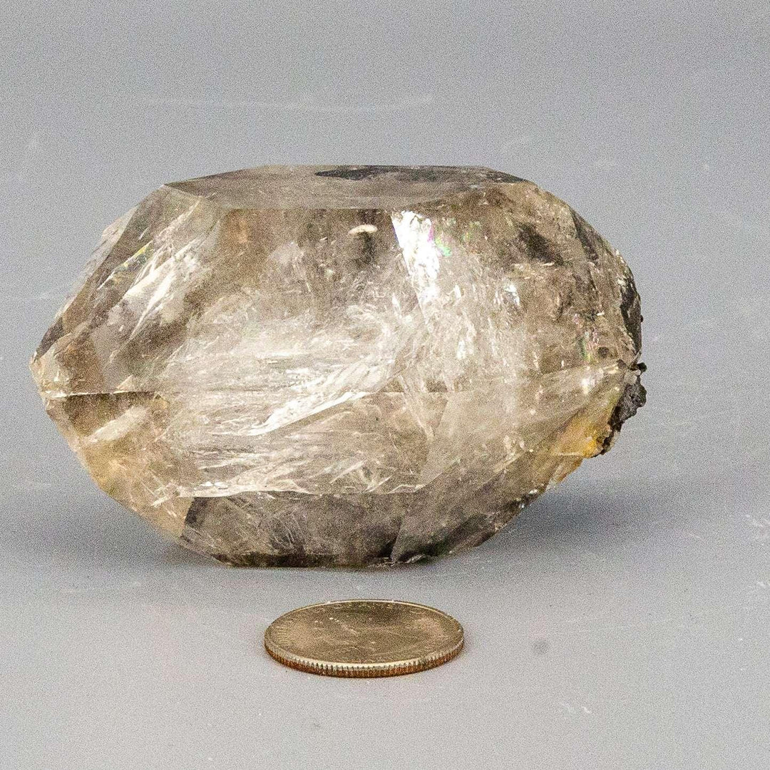 Rare Smoky Herkimer Quartz Point: naturally double-terminated, grounding, with Calcite, Pyrite, Tourmaline inclusions.