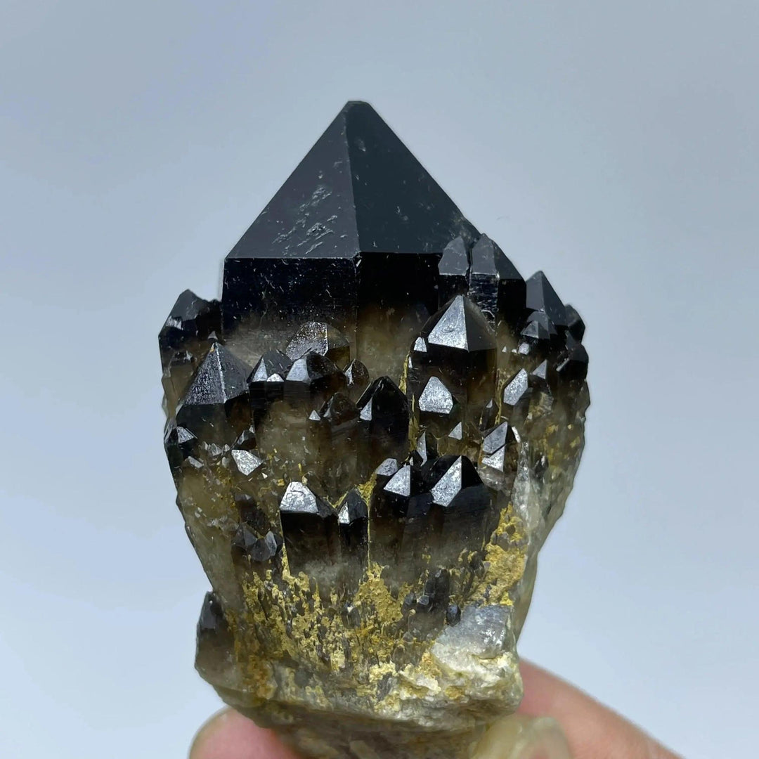 Natural dark smoky quartz crystal cluster with a prominent central point, ideal for healing and decoration.