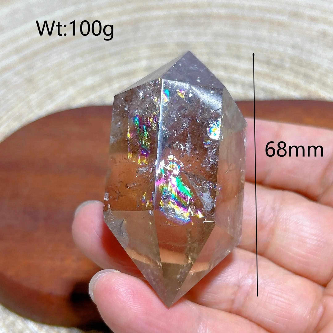 Smoky Quartz double point crystal with vibrant rainbow inclusions, 100g, 68mm, perfect for meditation and energy work.