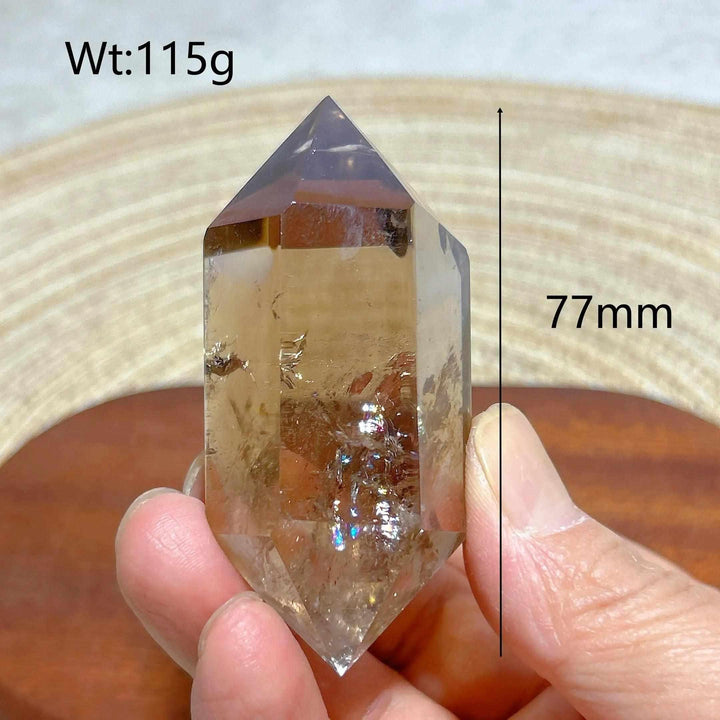 Smoky Quartz double point crystal tower with natural rainbow inclusions, 77mm tall, 115g, for meditation and energy work.