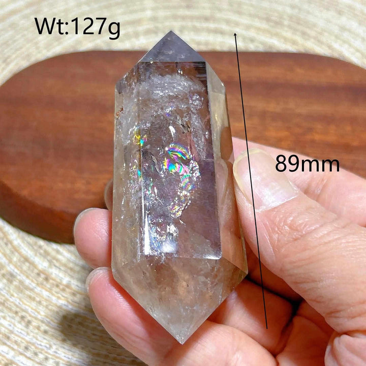 Smoky quartz double point crystal tower featuring natural rainbow flash inclusions, 89mm tall, perfect for energy work.