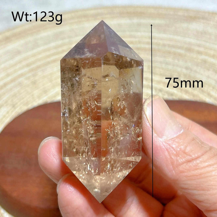 Smoky quartz double point crystal with natural rainbow inclusions, 75mm tall, perfect for meditation and energy grids.