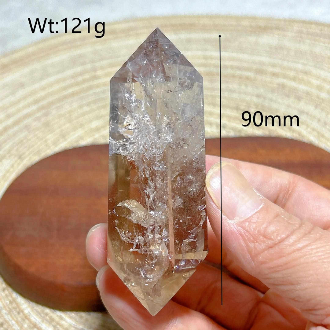 121g Smoky Quartz double point crystal tower featuring natural rainbow inclusions and a clear, terminated design.