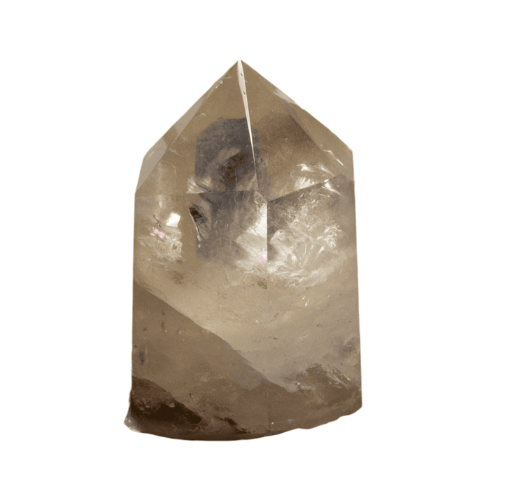 Grounding Smoky Quartz Tower with Phantoms, a rare collector piece with self-healing and rainbow inclusions.