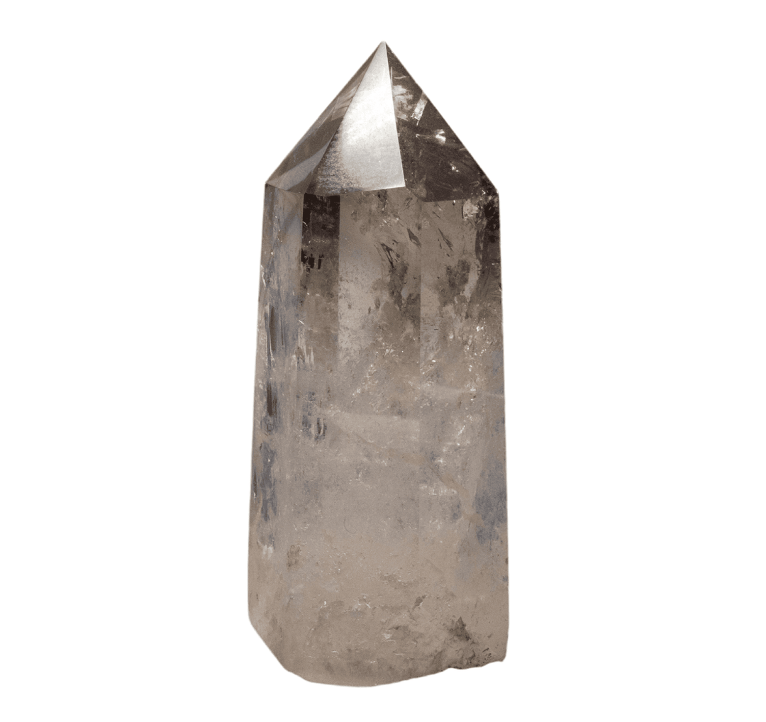 Rare Smoky Quartz Tower with Phantoms, a grounding collector's piece featuring self-healing and rainbow inclusions.