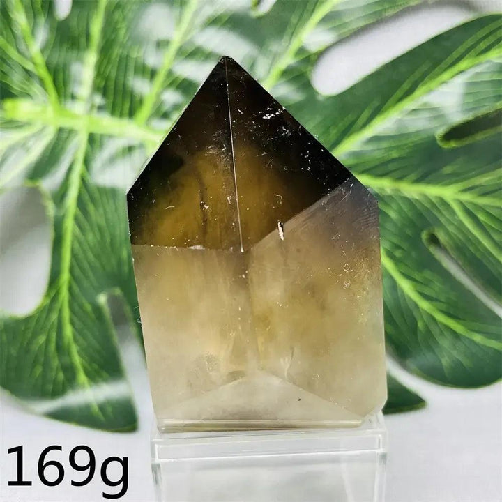 Hand-polished Smoky Quartz crystal tower from Crystal Destiny, featuring a dark brown to charcoal top and lighter base.