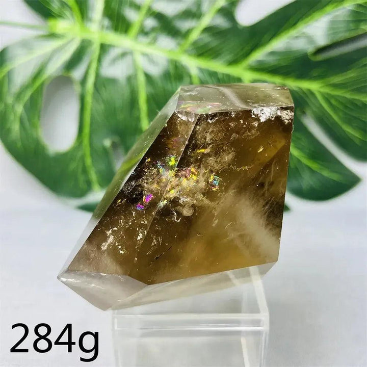 Hand-polished Smoky Quartz free-form crystal tower from Crystal Destiny, showing iridescent inclusions.