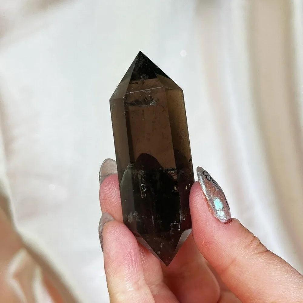 Deep translucent brown-grey Smoky Quartz raw crystal double termination specimen, 40-50mm, held for grounding energy.