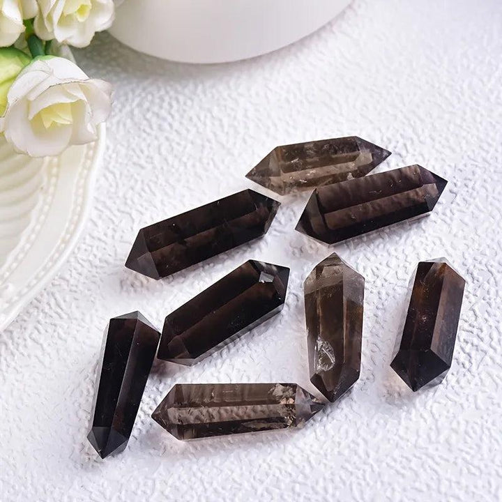 Deep translucent smoky quartz raw crystal double termination specimens, 40-50mm, for grounding and protection.