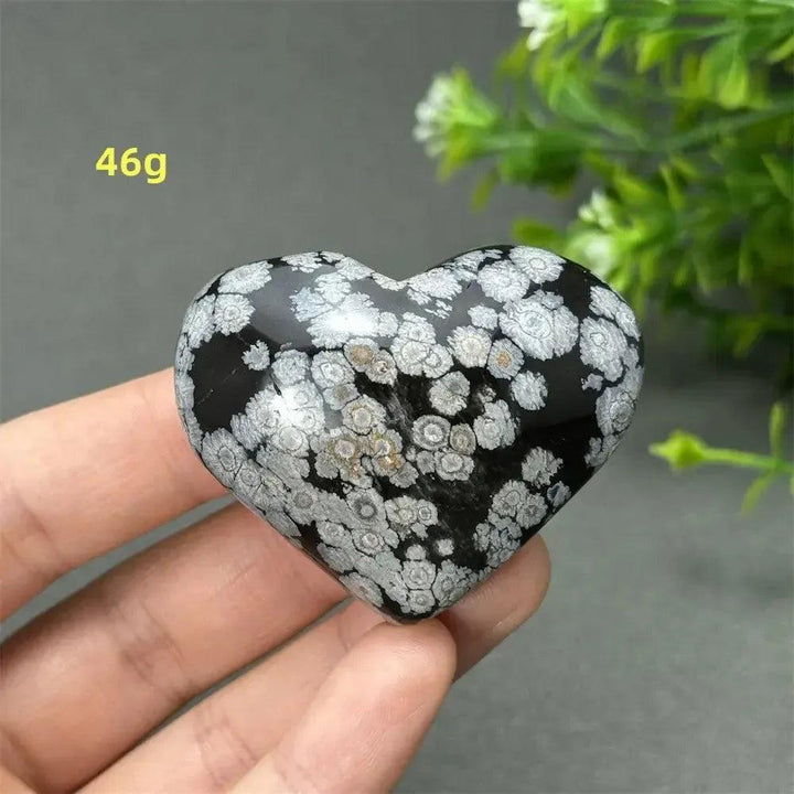 Polished Snowflake Obsidian Crystal Heart, 46g, with distinctive black and white snowflake patterns for grounding and healing.