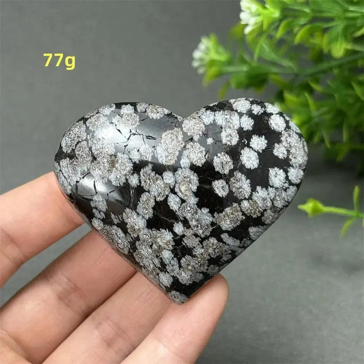 Polished Snowflake Obsidian Crystal Heart (77g) with distinctive black and white snowflake patterns, perfect for healing and transformation.