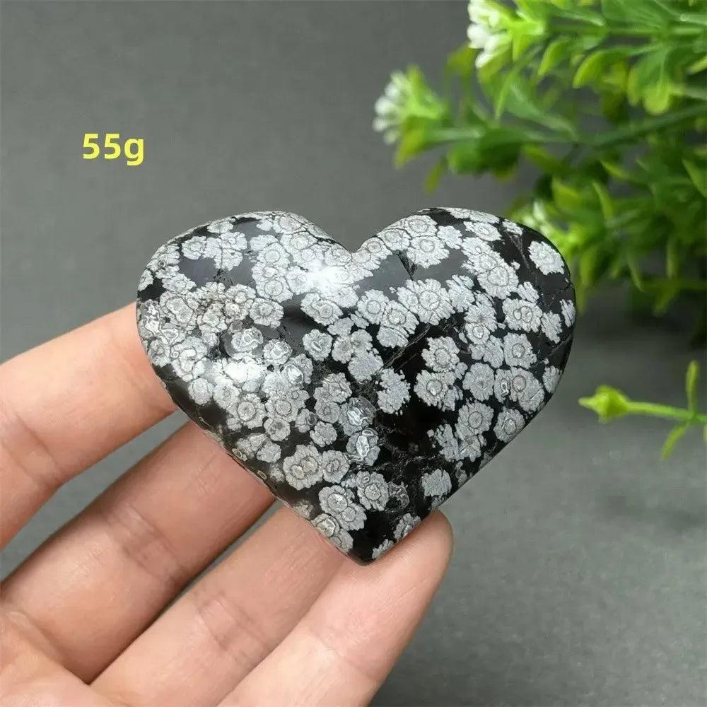 Polished Snowflake Obsidian Crystal Heart, 55g, with distinctive black and white snowflake patterns, symbolizing transformation.