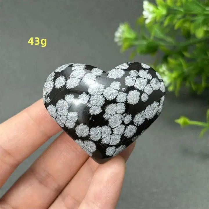 Polished Snowflake Obsidian Crystal Heart, 43g, featuring unique black volcanic glass with white snowflake patterns.