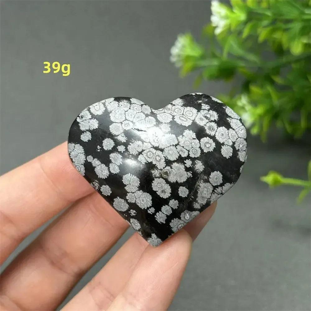 Polished Snowflake Obsidian Crystal Heart, 39g, with distinctive black volcanic glass and white snowflake patterns.