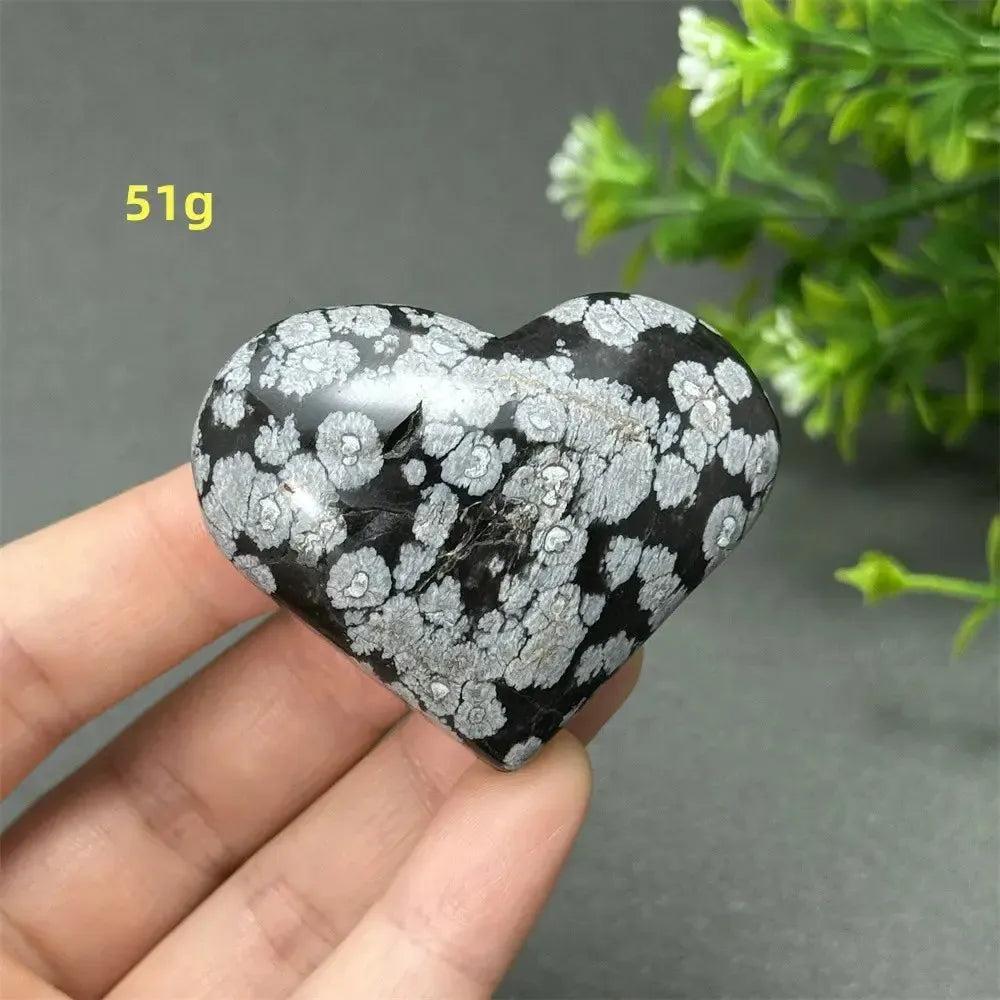 Polished Snowflake Obsidian Crystal Heart, 51g, showcasing unique black and white snowflake patterns for grounding and healing.