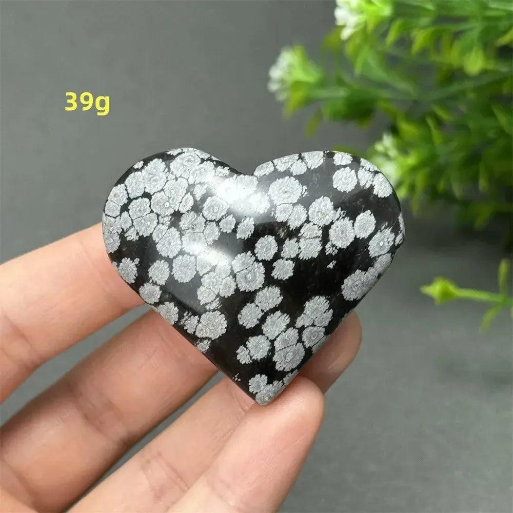 Polished Snowflake Obsidian Crystal Heart, 39g, with distinctive black and white snowflake patterns for grounding and healing.