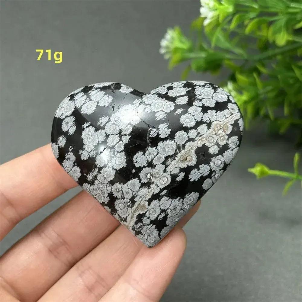 Polished Snowflake Obsidian Crystal Heart, 71g, showcasing unique black volcanic glass with white snowflake patterns.