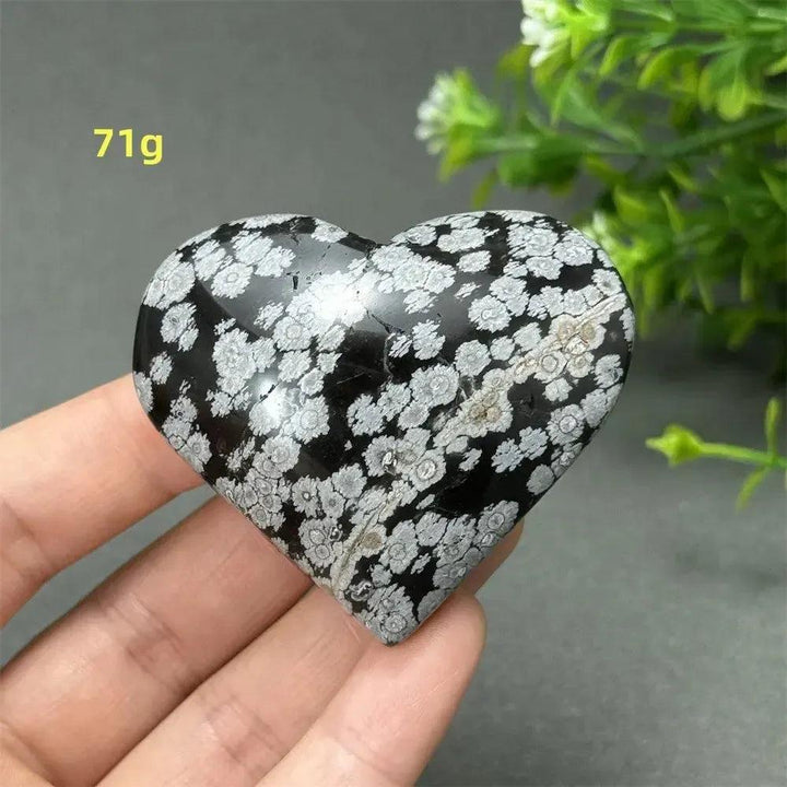 Polished Snowflake Obsidian Crystal Heart, 71g, showcasing unique black volcanic glass with white snowflake patterns.