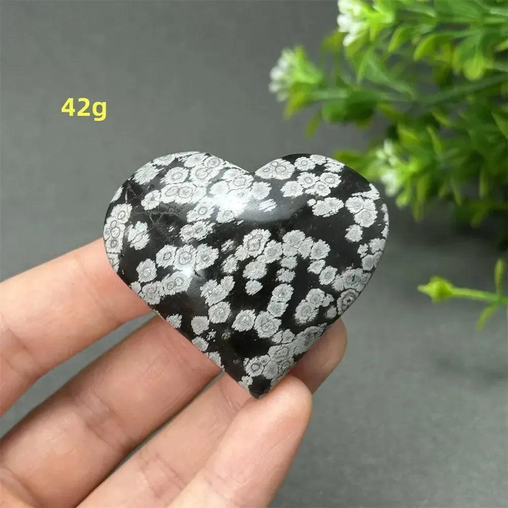 Polished Snowflake Obsidian crystal heart, 42g, with black volcanic glass and white snowflake patterns.