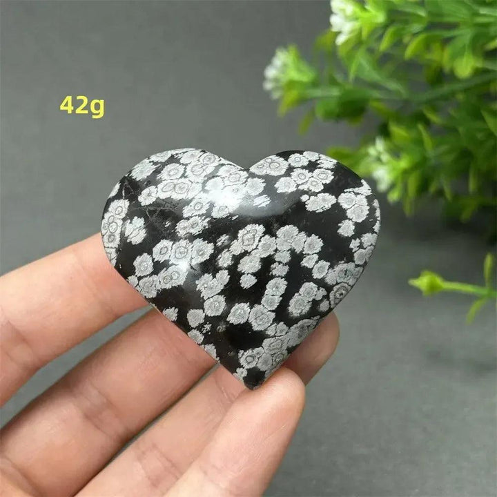 Polished Snowflake Obsidian crystal heart, 42g, with black volcanic glass and white snowflake patterns.