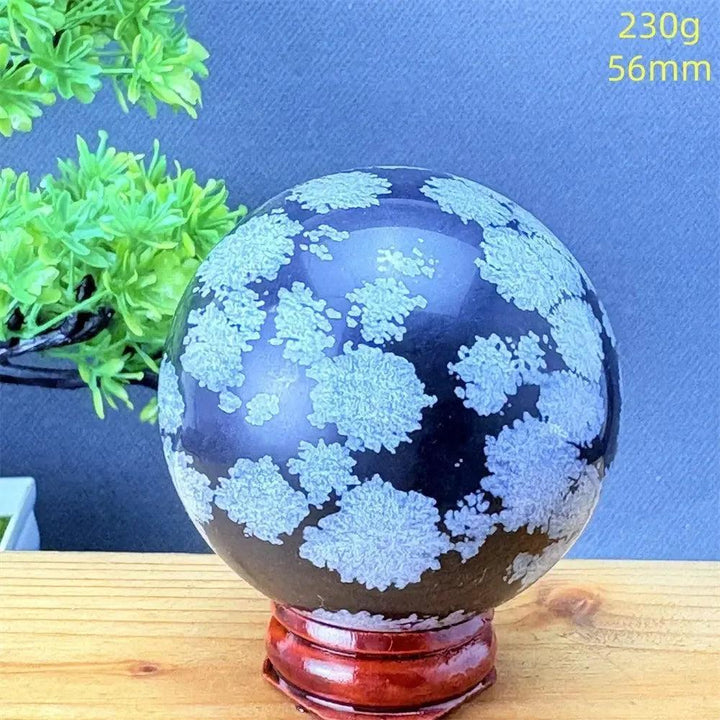 Snowflake Obsidian Sphere: Deep black volcanic crystal with delicate white snowflake patterns, 56mm, 230g, on a wooden stand.