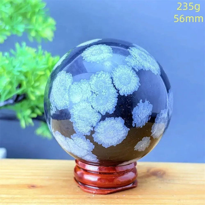 Snowflake Obsidian Sphere: Polished black volcanic crystal with striking white snowflake patterns on a wooden stand.