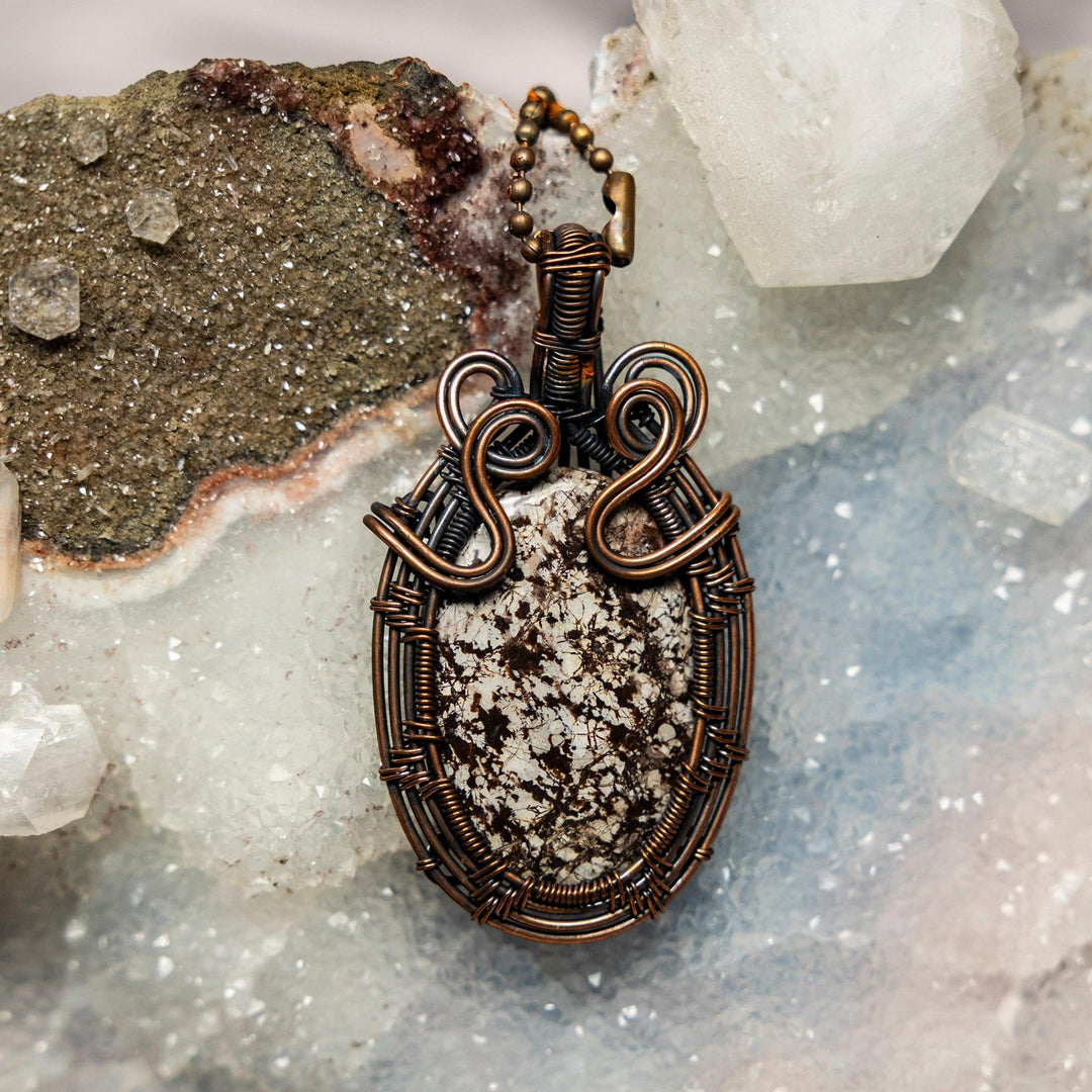 Brown Snowflake Obsidian wire wrap pendant, 2.5 inch, handcrafted copper, for purity and balance.