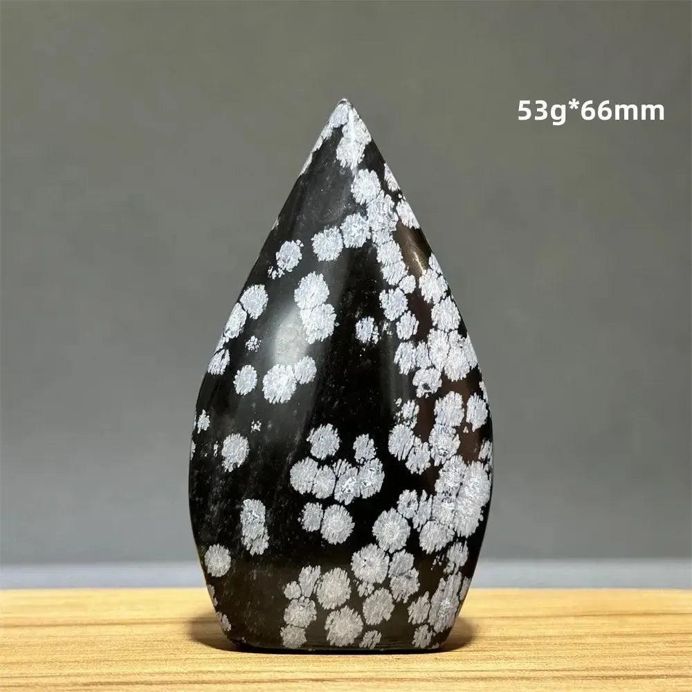 Black Snowflake Obsidian freeform torch from Crystal Destiny, with white cristobalite patterns, 53g, 66mm tall.