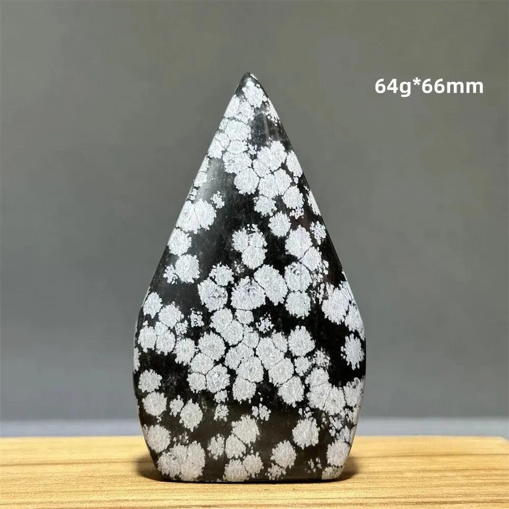 Black Snowflake Obsidian freeform torch from Crystal Destiny, with white cristobalite patterns, 64g, 66mm tall.