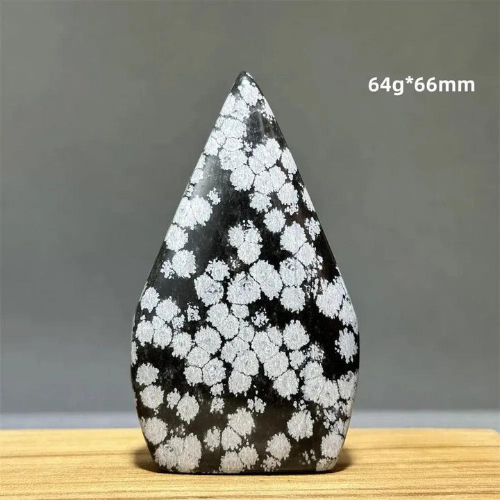 Black Snowflake Obsidian freeform torch from Crystal Destiny, with white cristobalite patterns, 64g, 66mm tall.