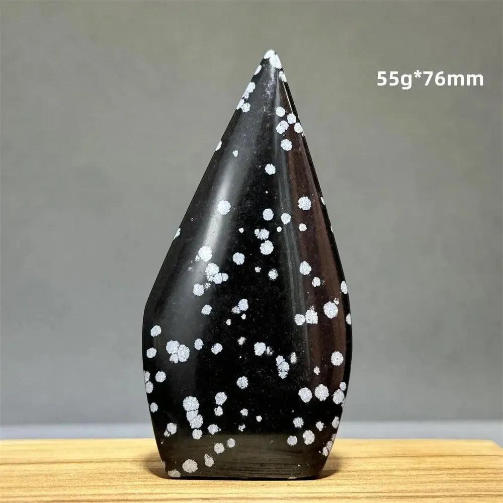 Snowflake Obsidian freeform torch, 55g*76mm, from Crystal Destiny. Black volcanic glass with white snowflake patterns.