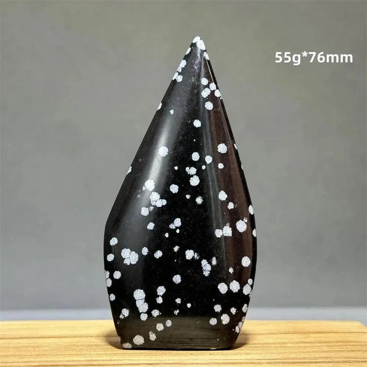Snowflake Obsidian freeform torch, 55g*76mm, from Crystal Destiny. Black volcanic glass with white snowflake patterns.