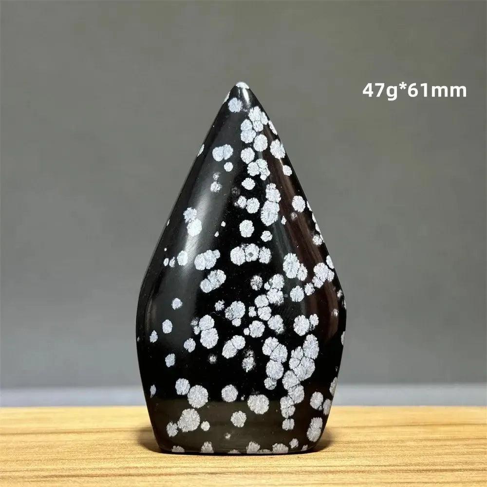 Snowflake Obsidian freeform torch from Crystal Destiny, 47g*61mm, with black volcanic glass and white snowflake patterns.