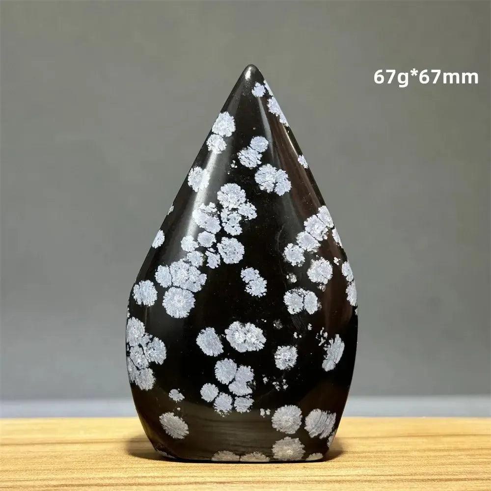 Polished black Snowflake Obsidian freeform torch with white snowflake patterns, 67g*67mm, from Crystal Destiny.