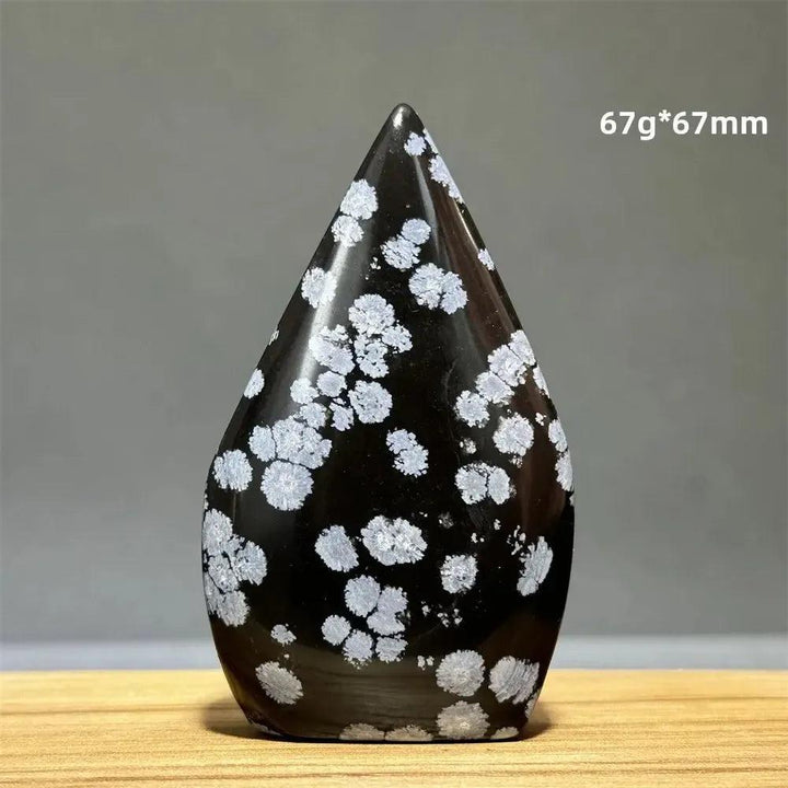 Polished black Snowflake Obsidian freeform torch with white snowflake patterns, 67g*67mm, from Crystal Destiny.