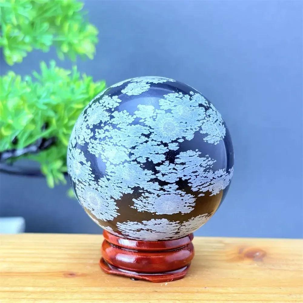 Snowflake Obsidian Sphere with White Snowflake Patterns