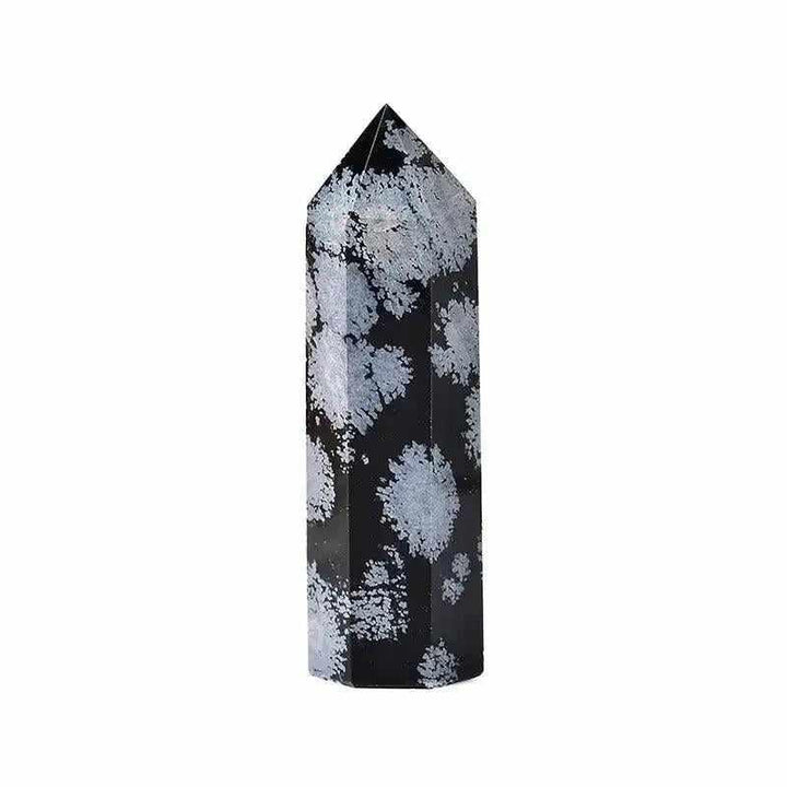 Polished Snowflake Obsidian tower with black volcanic glass and white snowflake patterns for grounding and balance.