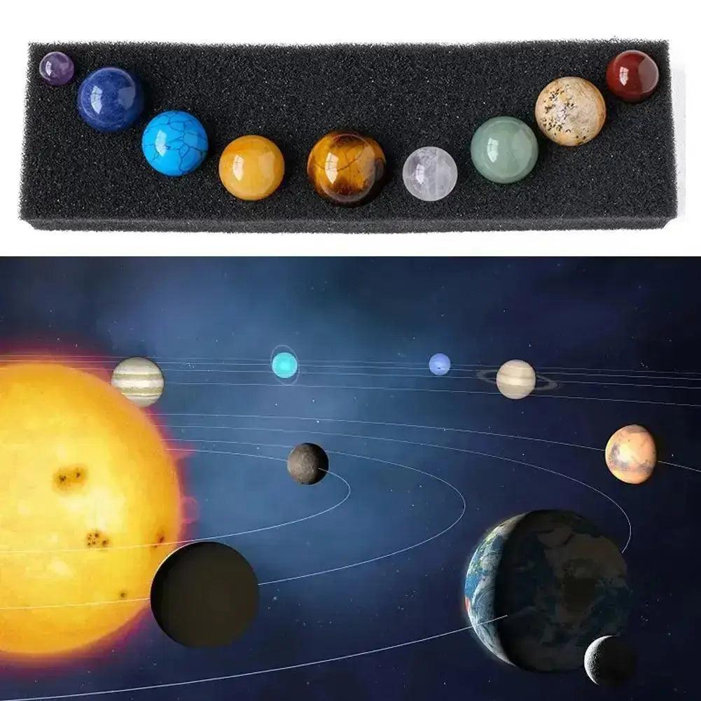 Solar System Nine Planets Crystal Set with polished natural gemstones, representing cosmic symbolism and earthly beauty.