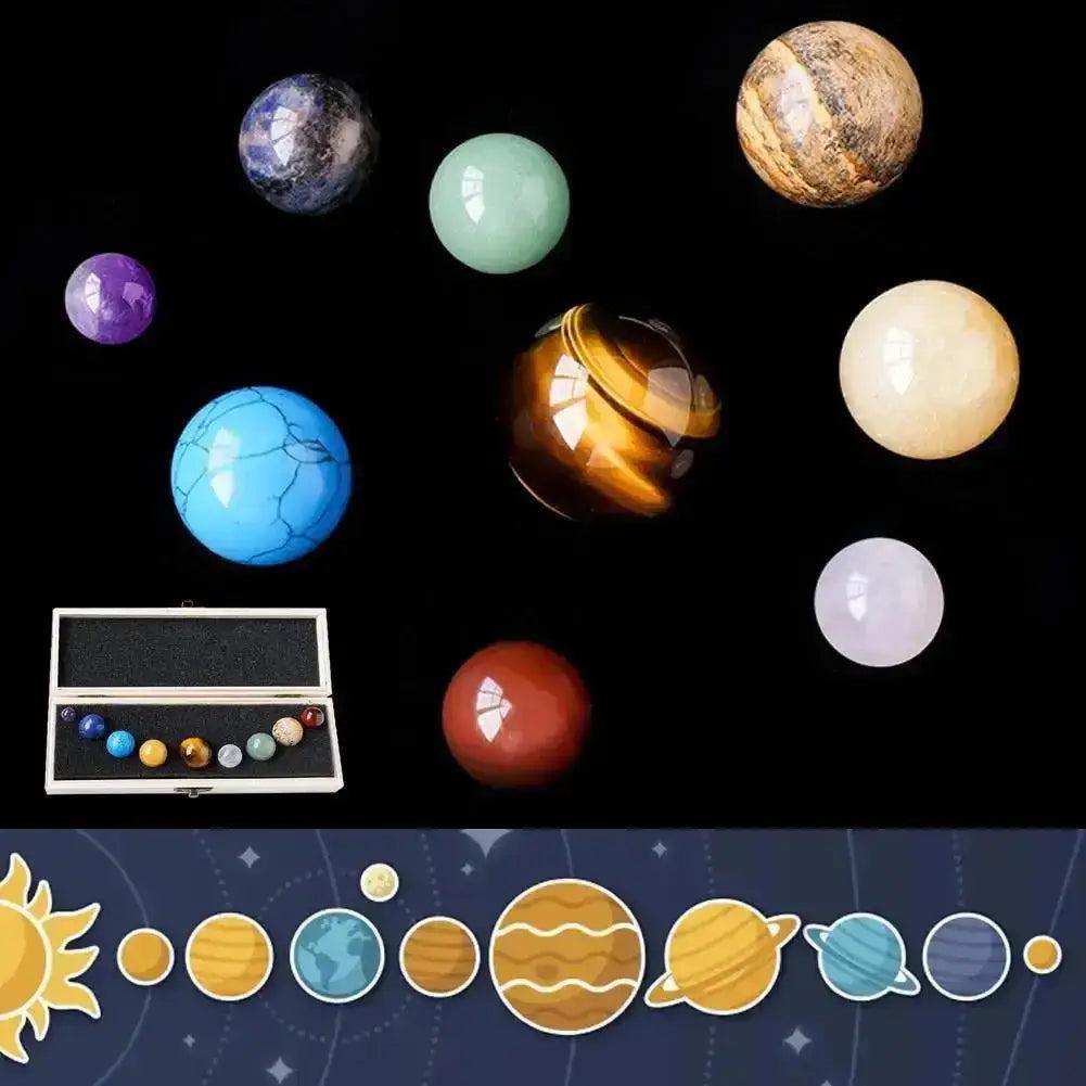 Nine polished natural gemstone planets, including tiger's eye and turquoise, in a Solar System Crystal Set.