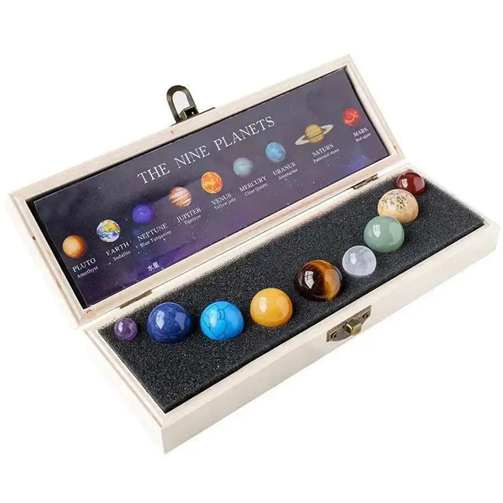Solar System Nine Planets Crystal Set: Polished natural gemstone planets in a wooden box, perfect for display and meditation.