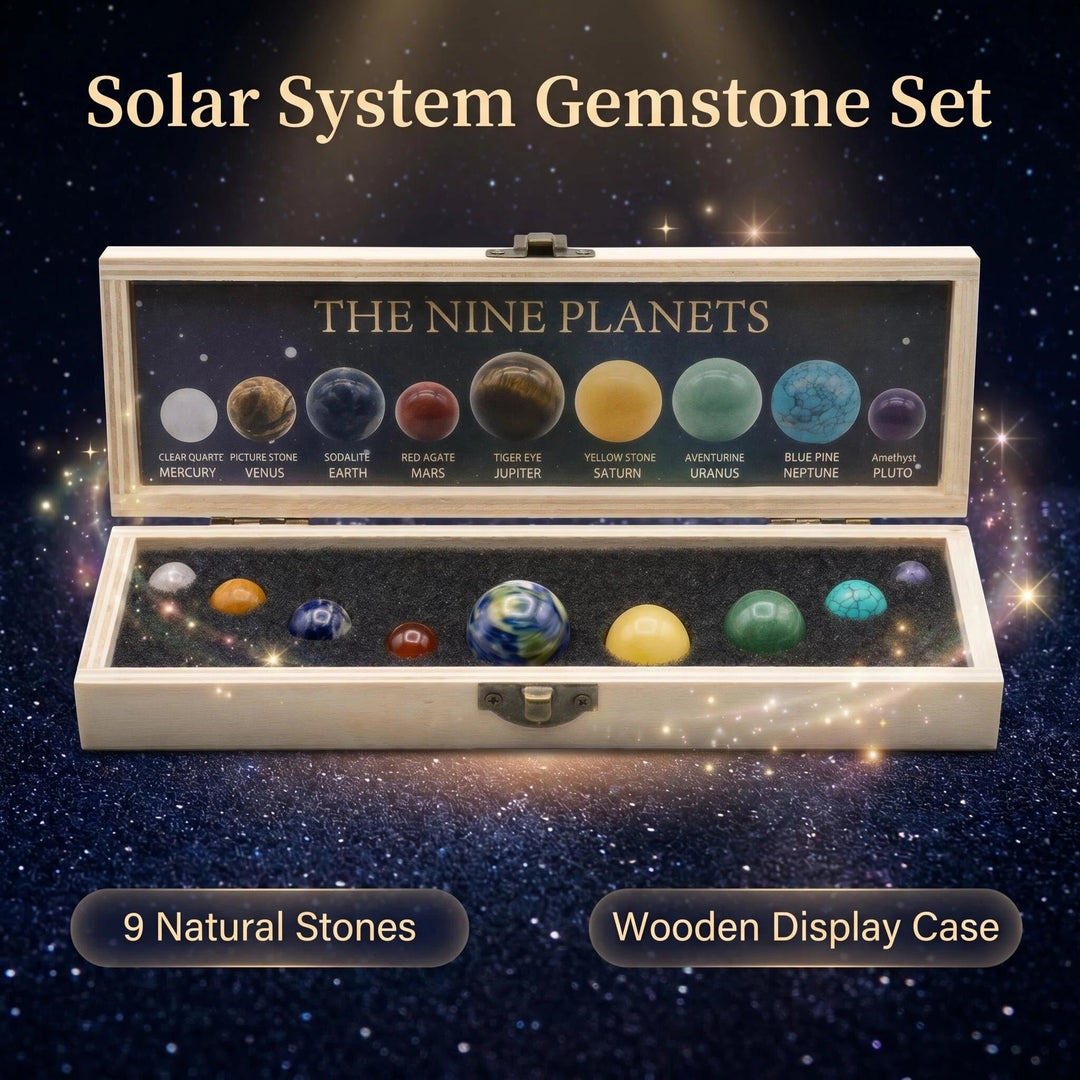 Solar System Nine Planets Crystal Set featuring nine polished gemstone spheres in a wooden display box for healing energy.