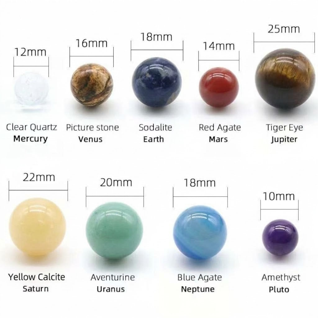Solar System Nine Planets Crystal Set featuring colorful gemstone spheres in varying sizes for healing and display.