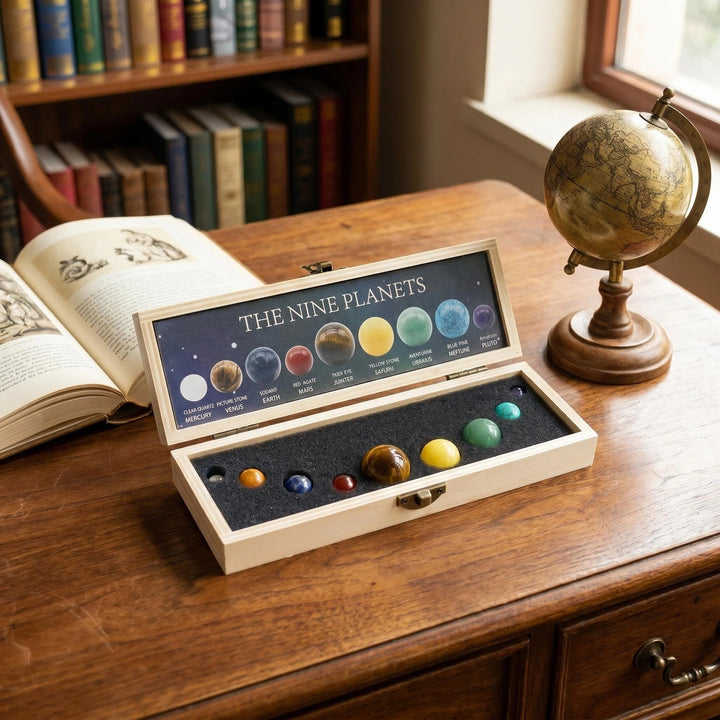 Solar System Nine Planets crystal set featuring gemstone spheres in a wooden gift box for celestial healing and display.