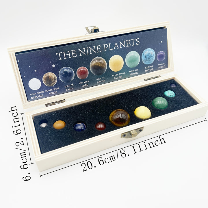Solar System Nine Planets crystal set featuring gemstone spheres in a wooden gift box for celestial healing and decor.