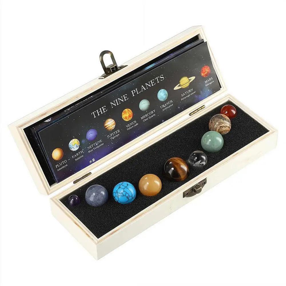 Solar System Nine Planets crystal set featuring gemstone spheres in a wooden box for celestial healing and display.
